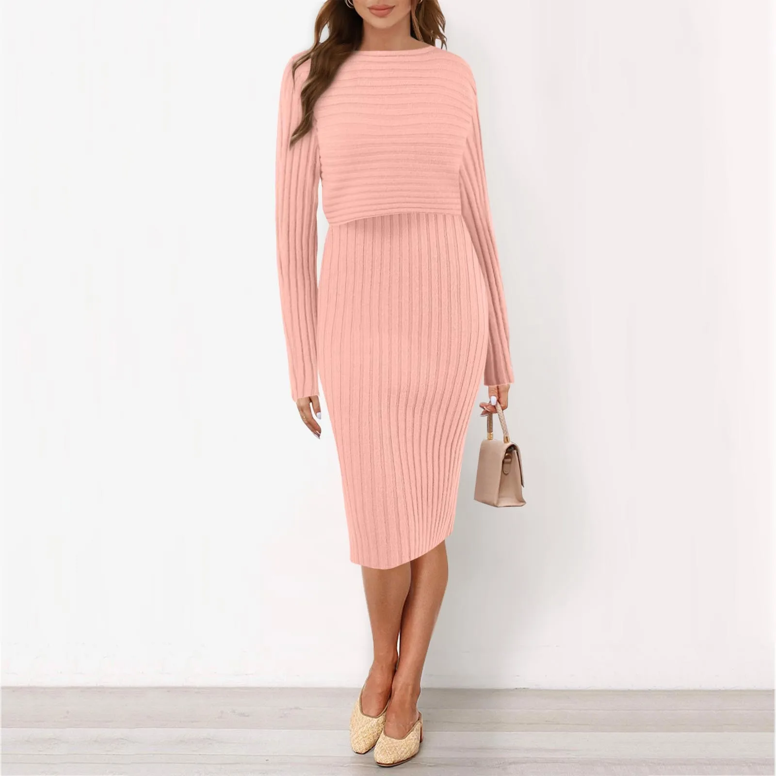 

Women Elegant Knitted Dress 2 Piece Suit Pullover Tops Bodycon Wrapped Hips Strip Dress Ladies Casual Formal Knit Dress Vestidos