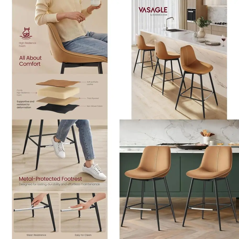 

Пара барных стульев с высокой спинкой, из искусственной кожи, с металлическими ножками, высотой 24,8 дюйма, для домашнего бара или кухонного острова, E