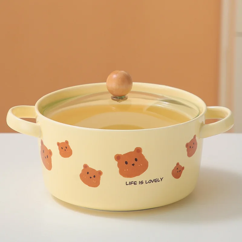 Korean Ins Style Cute Bear with Lid Instant Noodle Bowl Student Dormitory Cute Soup Bowl Household Binaural Ceramic Noodle Bowl