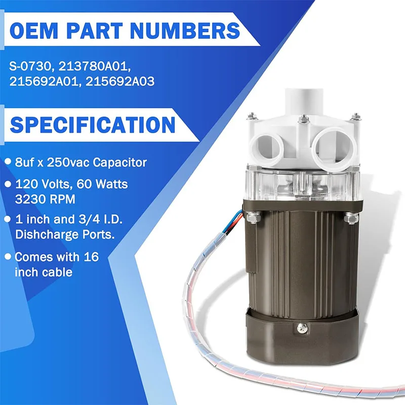 S-0730 Ice Machine Motor for Hoshizaki KM Series Ice Machines 120V 60W, Water Pump Motor Assembly for Hoshizaki S-0730, KM-1200S