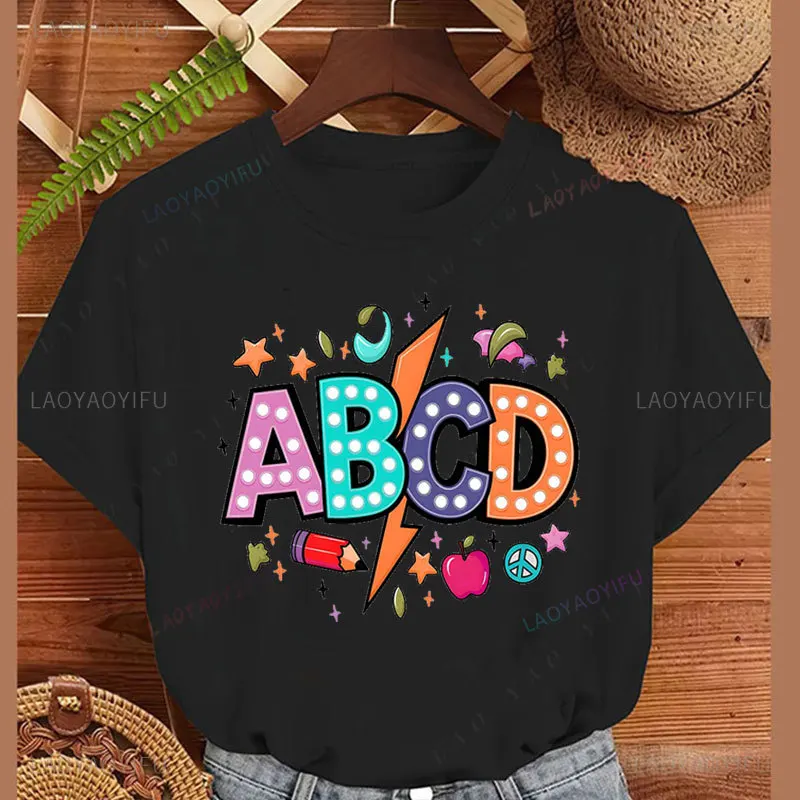 Koszulka nauczycielki ABCD z grafiką, koszulki graficzne, powrót do szkoły, kreatywność, prezent dla nauczyciela, koszulka, poliester, tania bluzka