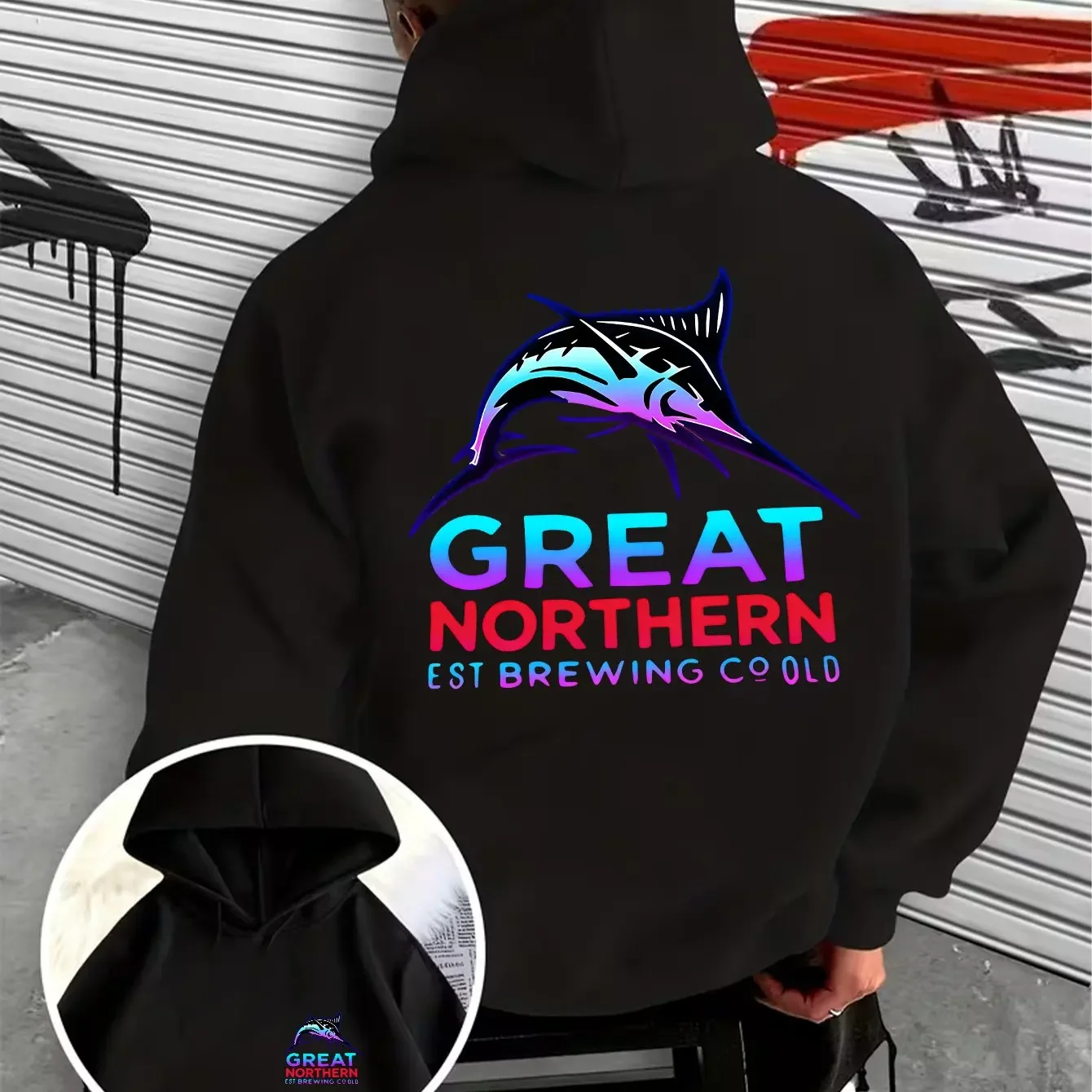Great Northern Marlin Fish Graphic Hoodie Men Double Sided Print Gradient Swordfish Fishing Casual Pullover Sweatshirt