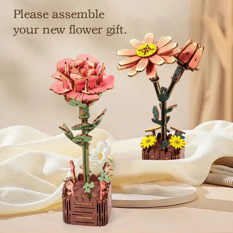 3D Flower Wooden Puzzles, DIY Wooden Flowers Model Kit Building Set Crafts for Adults to Build, Botanical Collection Gift Ideas