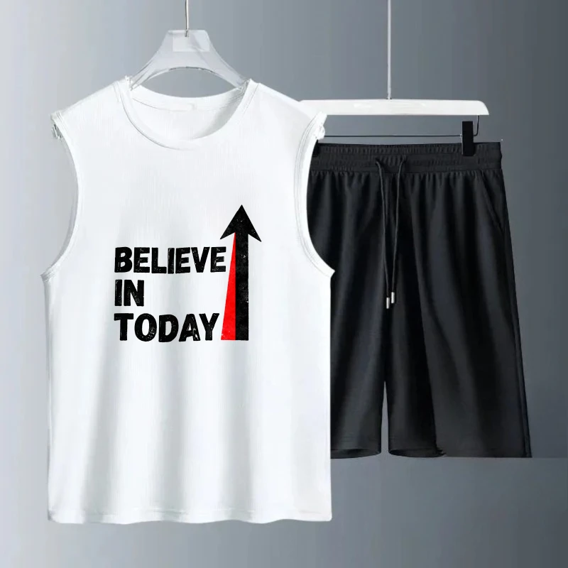 

Men's Tank top Sets Summe Breathable Polyester Short Sleeve+Shorts men's chandals Fashion Men summer clothing men's clothing set