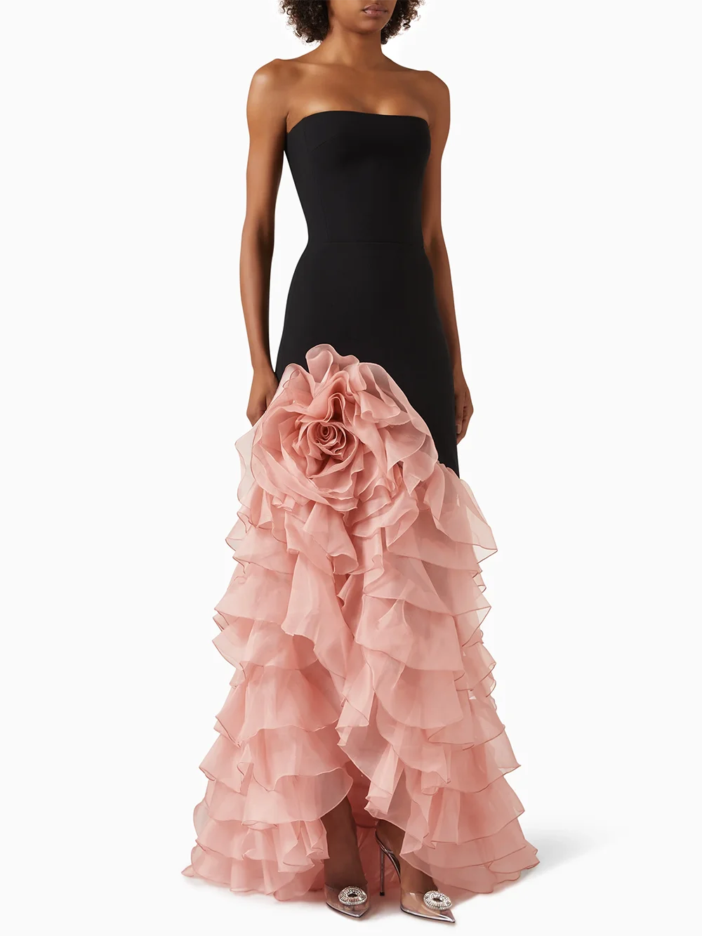 Modphy Women'S Sexy Strapless Bandage Slim Long Dress With Floral Decoration Layered Ruffle Edge Patchwork Dress Wedding Party