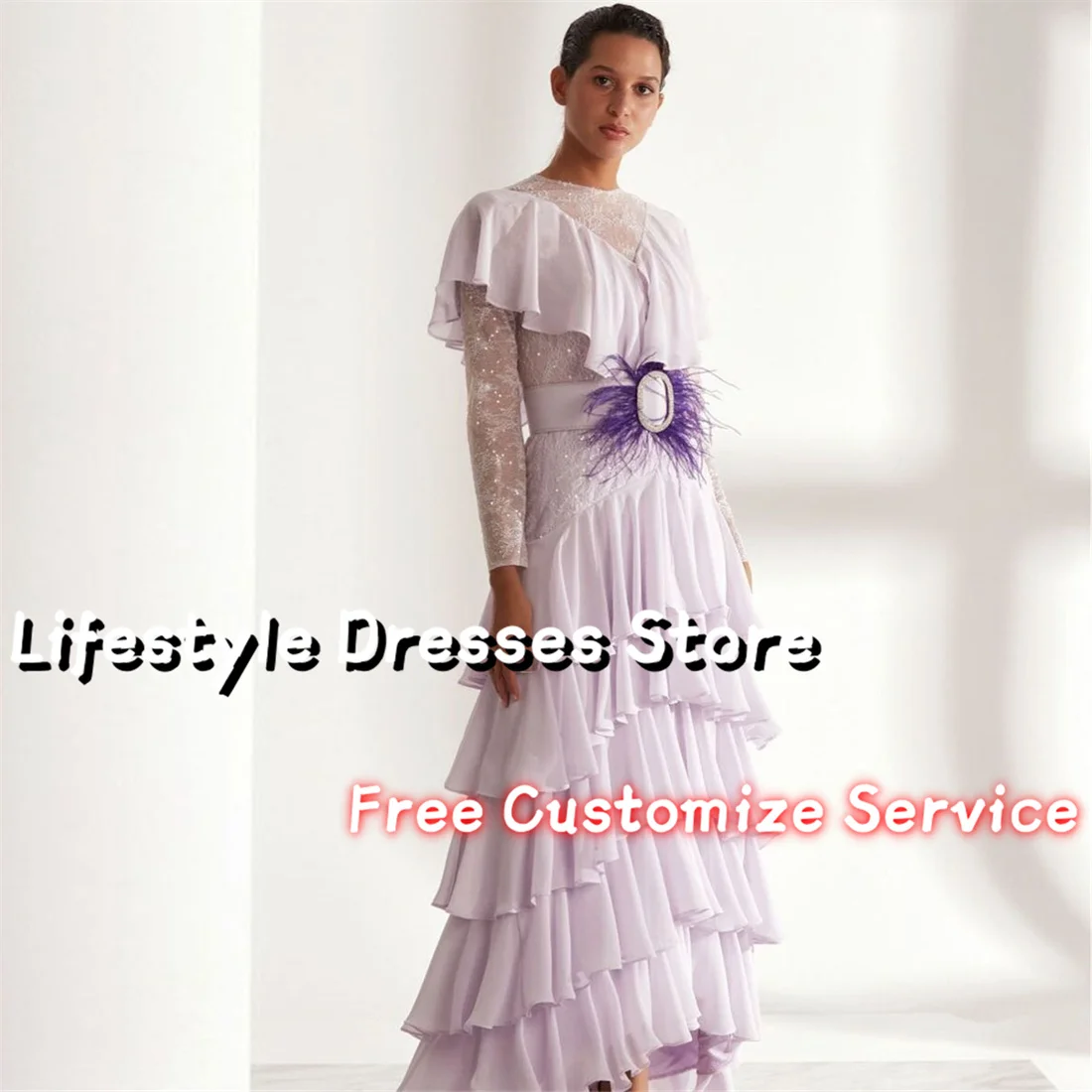 

Lilac Chiffon Tiered A-Line Evening Dress 2024 Lace Long Sleeves Feathers Sash Prom Dress vestidos para eventos especiales