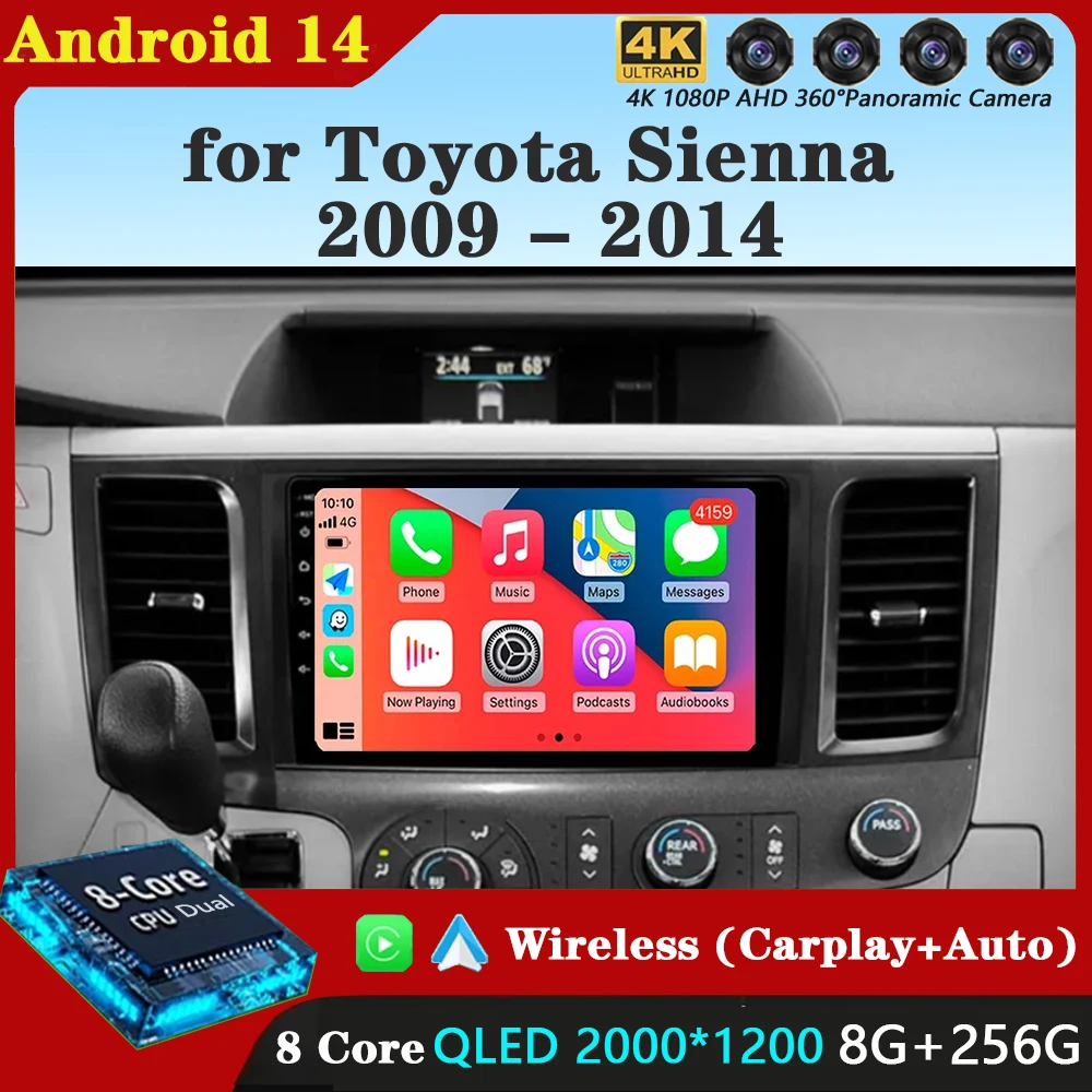 Android14 for Toyota Sienna 2009 2010 2011 2012 2013 2014 Car Radio Navigation Multimedia Player Stereo GPS WiFi+4G Carplay+Auto 