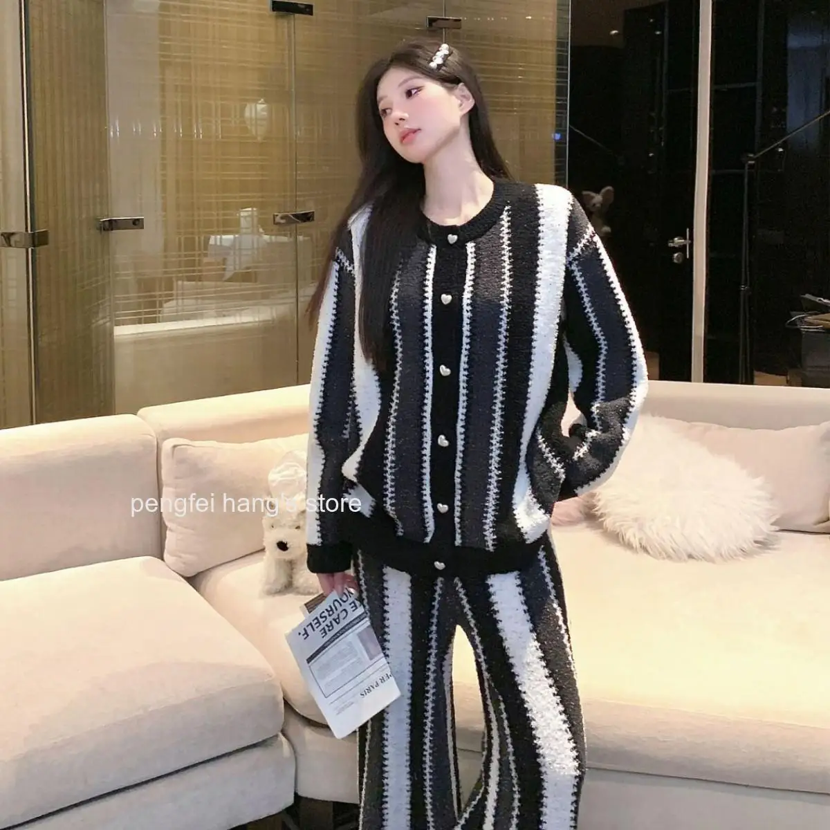 Women European Style Winter Half Sided Fleece Pajama Set Loose Round Neck Open Front Simple Casual Soft Warm Sleepwear Suit