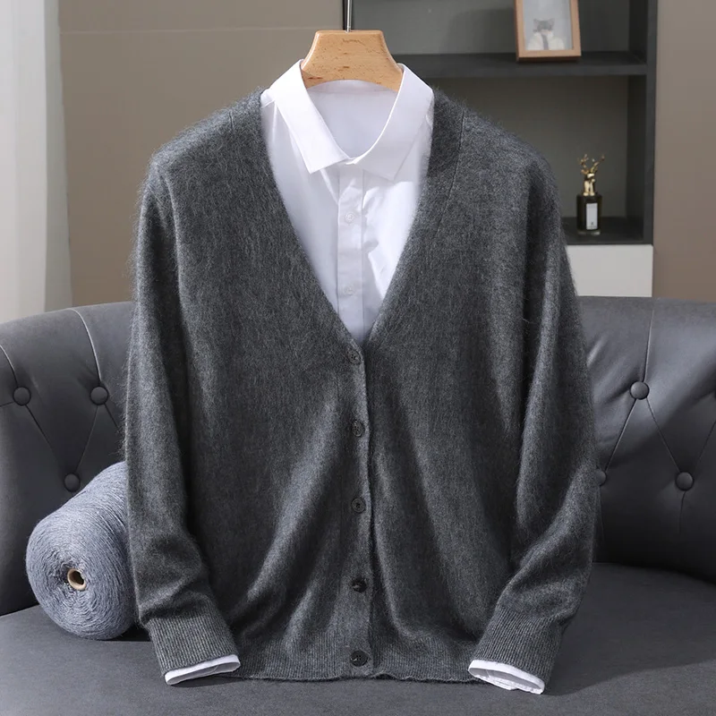 Knitted Cardigan Men's Autumn and Winter New 100% Mink Wool Sweater men's V-neck Business Casual Solid color knitted Basic Shirt