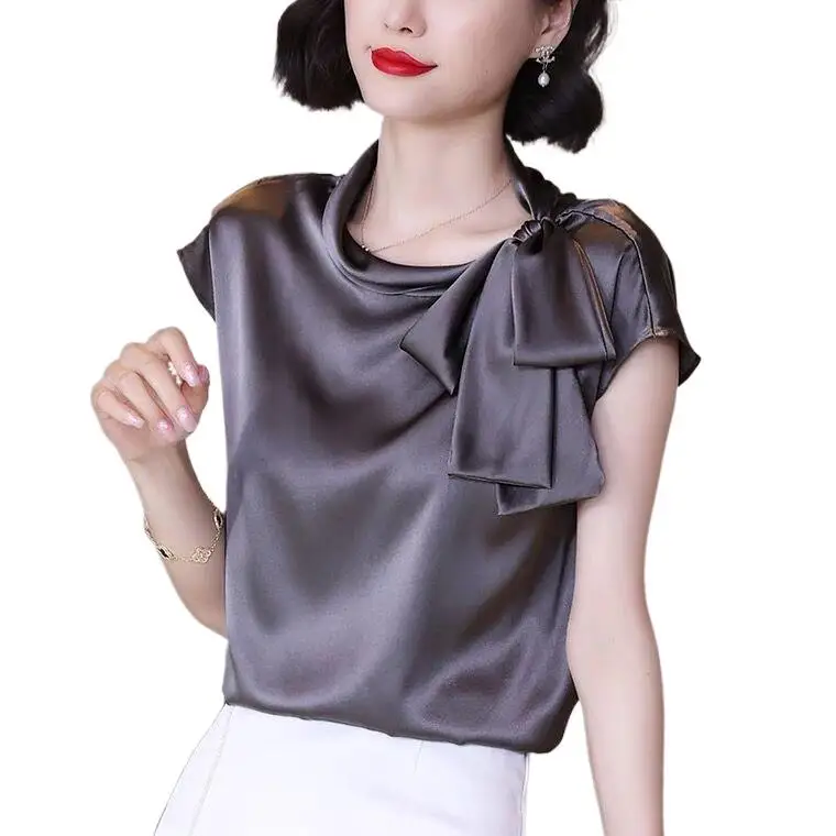 

England style Women elegant bow tie silk stain shirts Fashion Acetate satin Tops Shirt Office Lady Blouse blusones de mujer