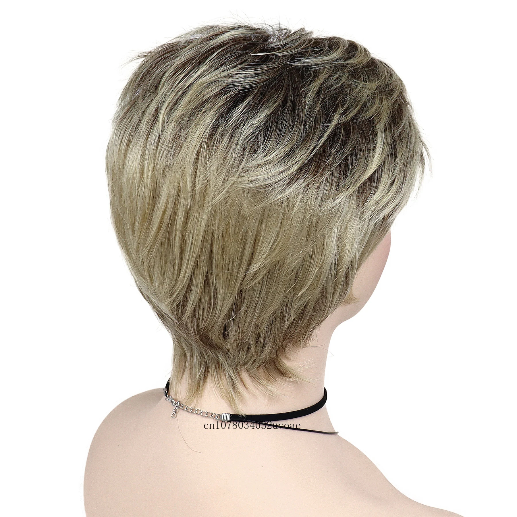 Peluca de corte Pixie Natural para mujer, pelucas cortas sintéticas para mamá, peluca rubia mezclada con flequillo, corte de pelo recto, Cosplay diario para Halloween