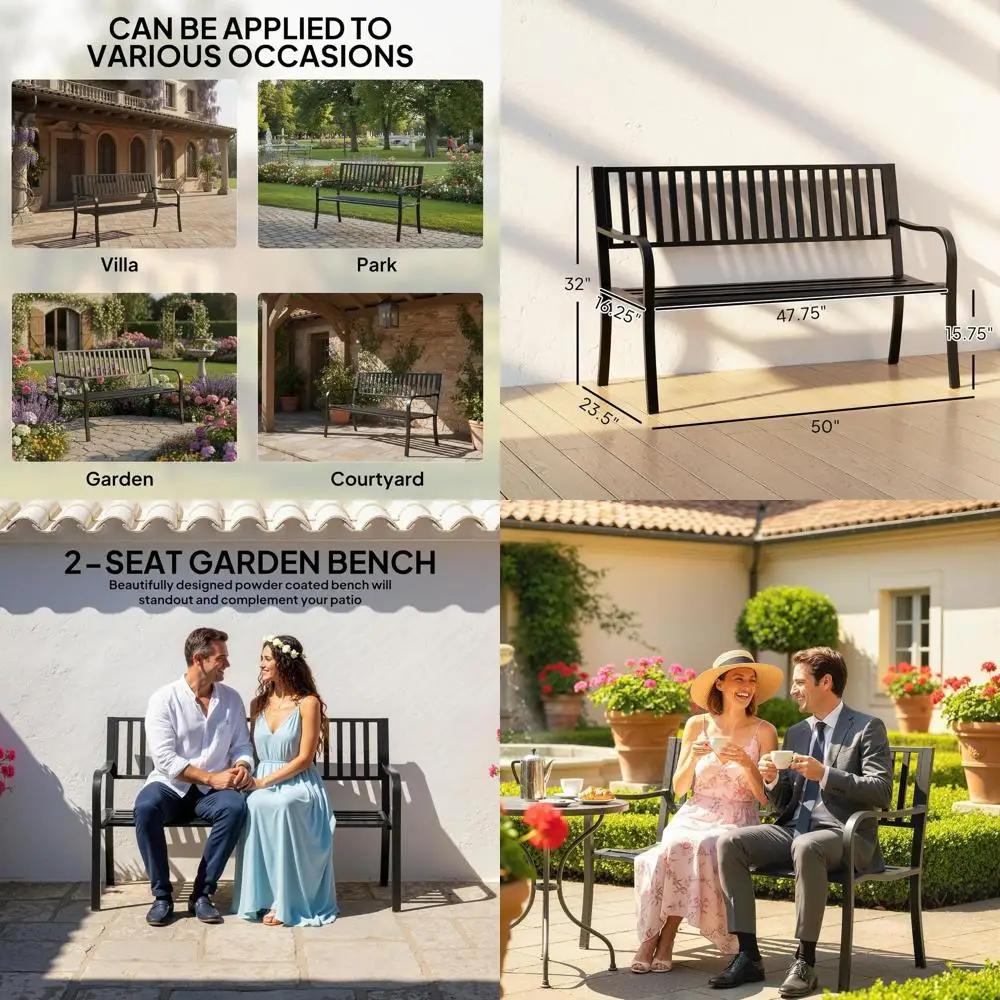 Banco de Jardín para Exteriores Outsunny de 50 Pulgadas, Banco de Patio con Asiento de Listones, Banco de Metal para Porche o Patio Trasero, Junto a la Piscina, Césped, Negro