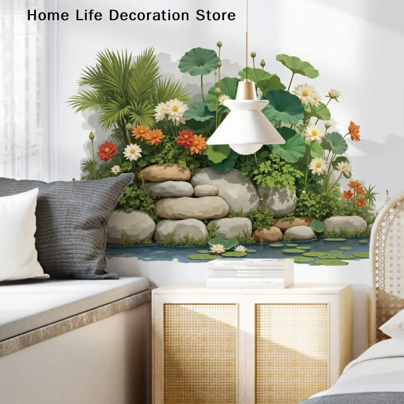 【H】Pond Lotus Green Plants Viewing Wall Sticker Self-adhesive Art Landscape Wallpaper For Living Room Bedroom Home Wall Decor