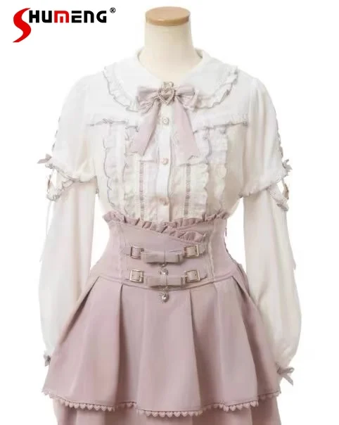 

Japanese Mine Sweet Shirts for Women 2024 Spring and Summer New Lolita Cute Detachable Sleeves Lace Bow Stitching Blouse Femmes