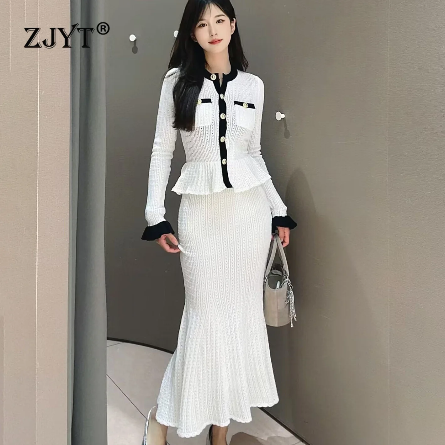 

ZJYT New Fashion Women's Autumn Winter Knitting Dress Long Sweaters Elegant Flare Sleeve Mermaid Evening Party Dresses White Red