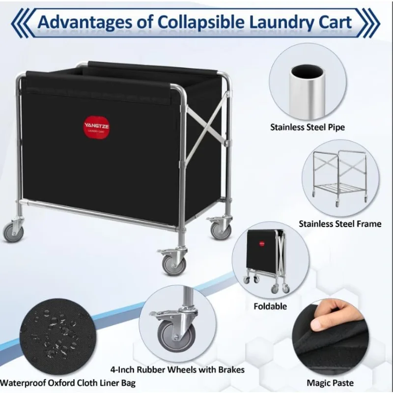 Folding Laundry Cart,Commercial Laundry Cart with Wheels,Industrial Laundry Cart with Foldable Stainless Steel Frame