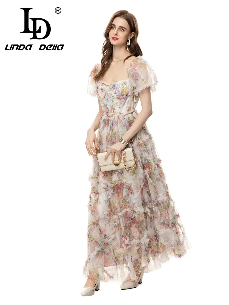 LD LINDA DELLA-Robe longue à volants, imprimé floral, dos nu, manches bouffantes