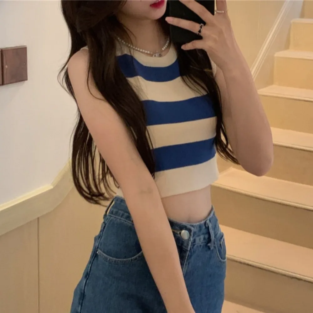 1PC Armpit Knitted Crop Top Round Neck Plaid Pattern Summer Fashion For Women Waistcoat