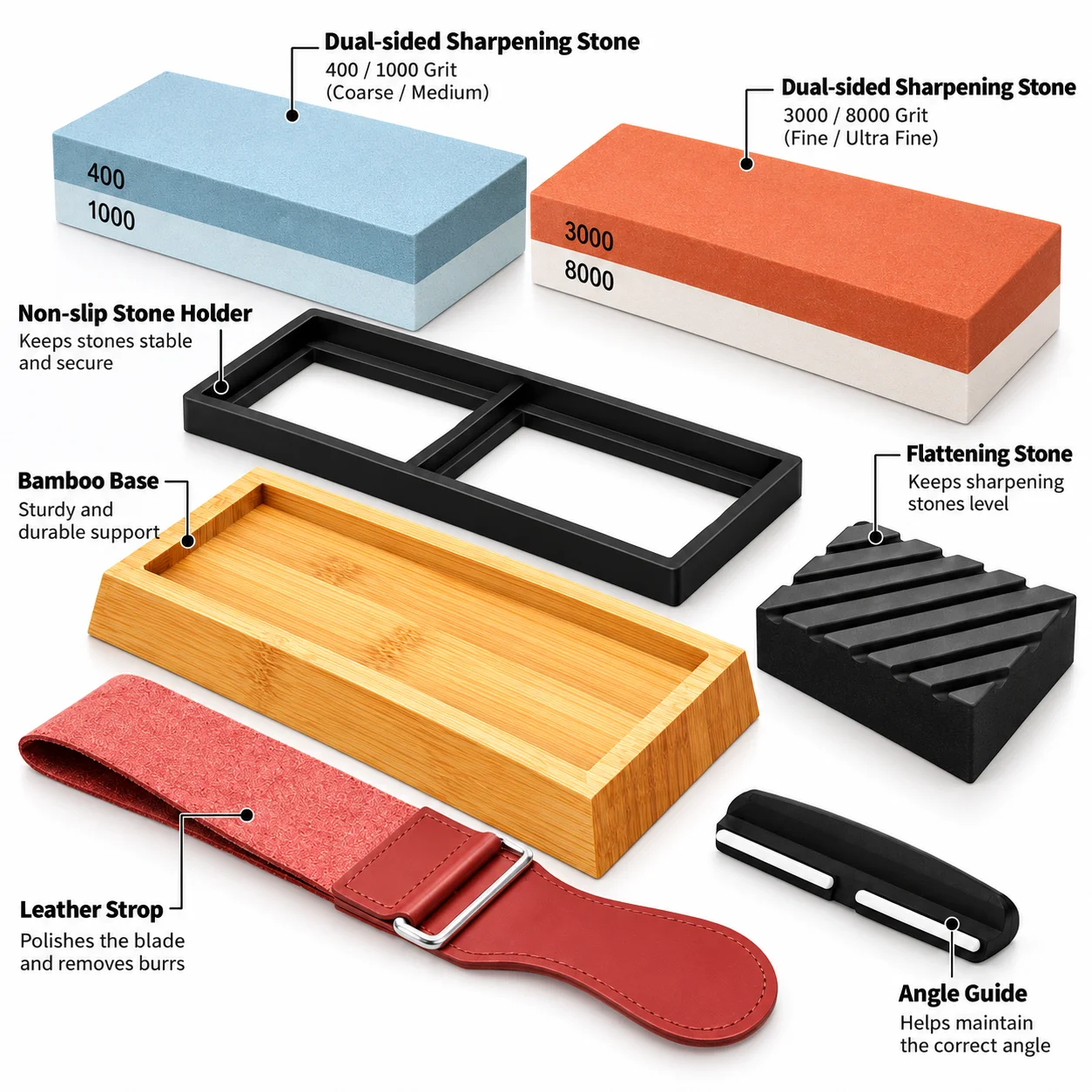 Knife Sharpening Stone Set 400/1000 3000/8000 Grit, 4-Grit Whetstone Kit with Bamboo Base, Flattening Stone & Strop