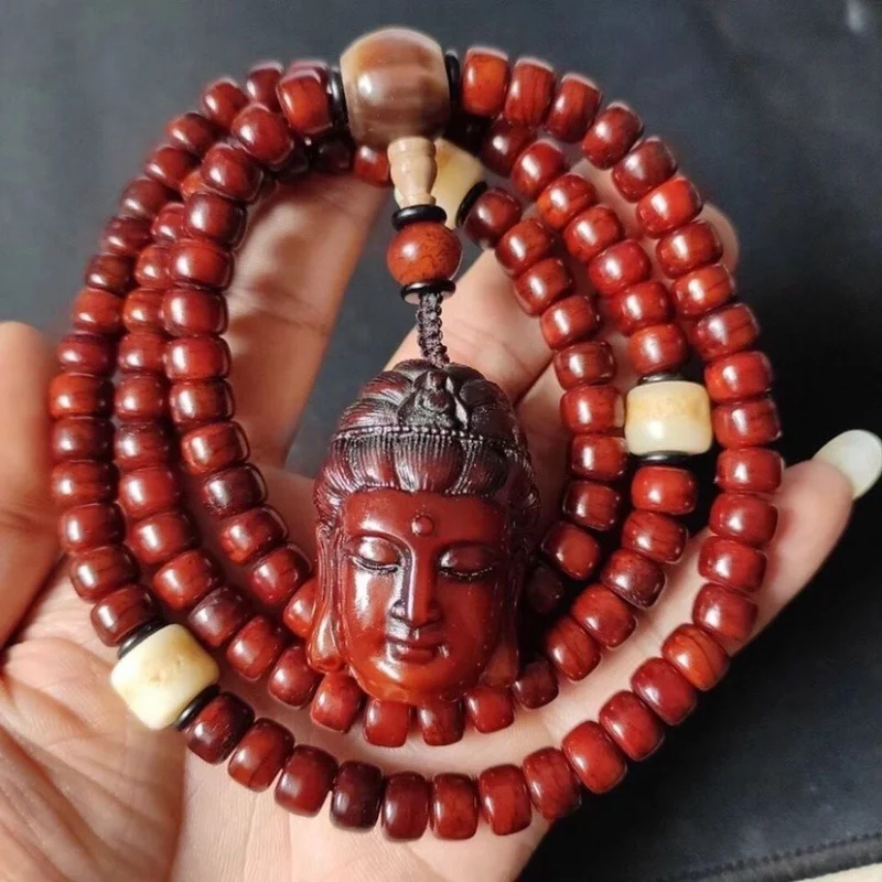 Tibetan Style Bone Handmade High Polished Weathered Old Material 108 Beads with Yak Horn Guanyin Pendant