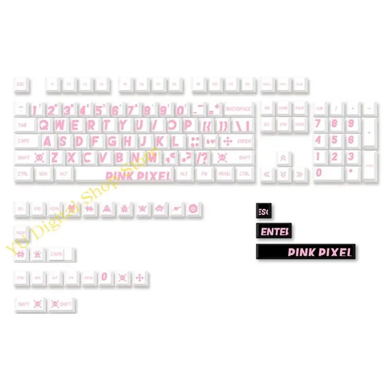 96BA Game Keyboard Keycaps ThermalSublimation PBT Large Characters Keycaps White with Pink Letters Keypad for 132Keys
