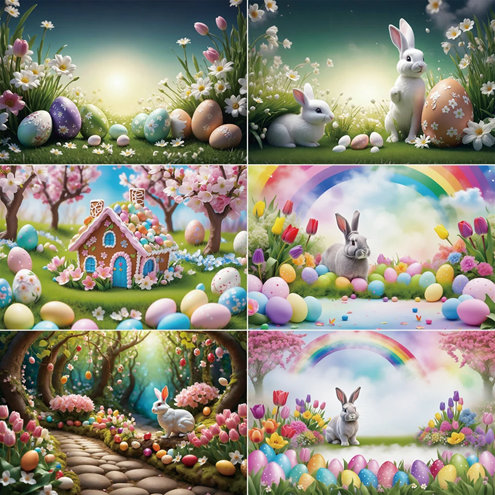 

MOON.QG Easter Flower Photography Background Bunny Colorful Eggs Wonderland Photocall Backdrop Baby Photo Studio Photozone Props