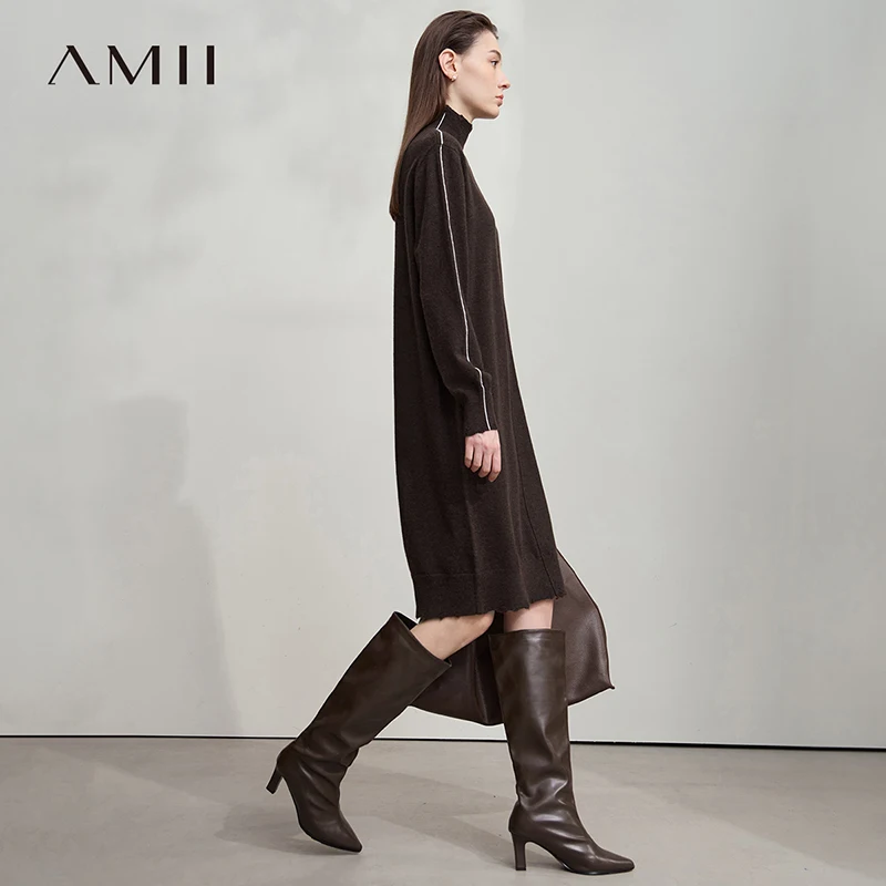 

Amii Women Dress 2025 Autumn New Sweater Ladies Clothing Turtleneck Knitted Long-sleeved Loose Elegant Dresses for Woman12553016