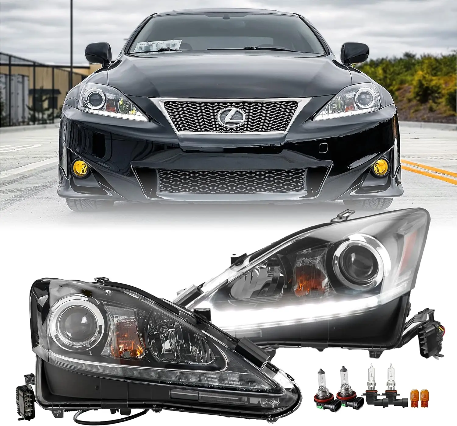 

IS250 IS350 White LED DRL Projector Headlight Assembly Set (Left + Right) Compatible with Lexus IS250 IS350 ISF Halogen Models