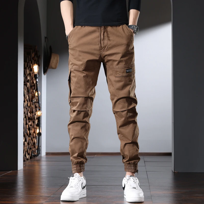 

Summer Cotton Cargo Pants Men Tactical Casual Coffee Elastic Waist Drawstring Jogging Trousers