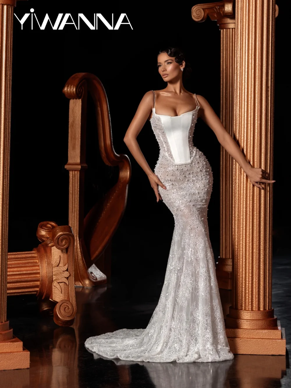 

Floral Lace Pearls Mermaid Wedding Dress Structured Satin Corset Bridal Gown New Customized Illusion Mermaid Dresses For Bride