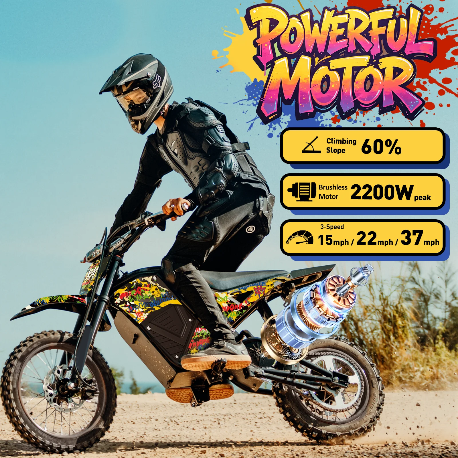 Windone RM7 2200W Electric Dirt Bike 48V 22.5Ah 37MPH 45Mile Range Off-Road E-Bike for Adults Teens Dual Hydraulic Brakes Full Suspension 14/12 Inch Fat Tire Electric Motorcycle High Speed Ebike Fit Age 14+