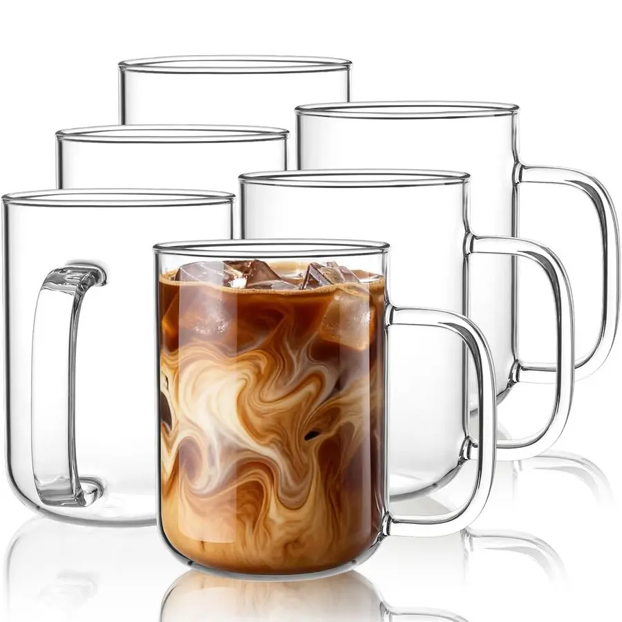 

Набор из 6 стеклянных кружек для кофе и чая, 20 унций, большие прозрачные стаканы для горячих напитков, стеклянные кружки с ручками для латте