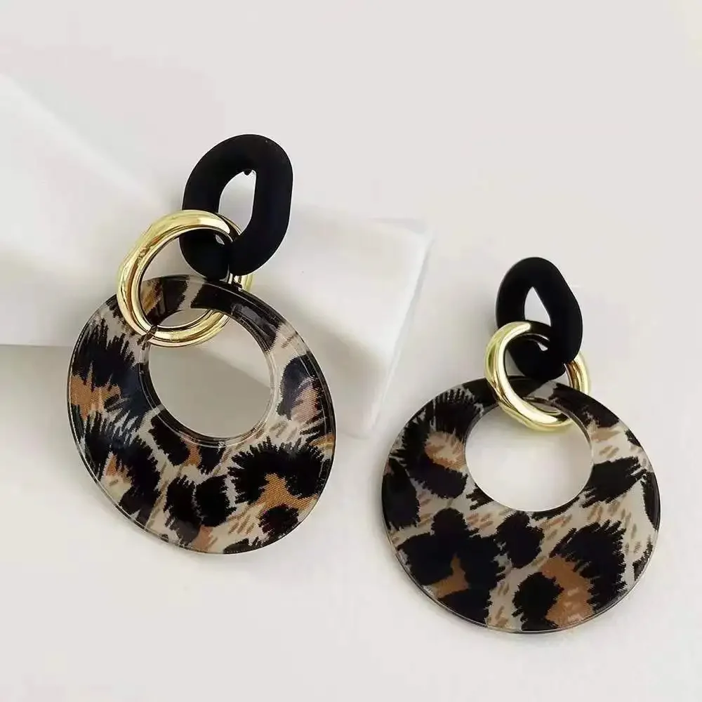 New Arrival Sweet and Fresh Geometric Leopard Print Round Dangle Earrings for Women Korean Trendy Exaggerated Earrings Jewelry