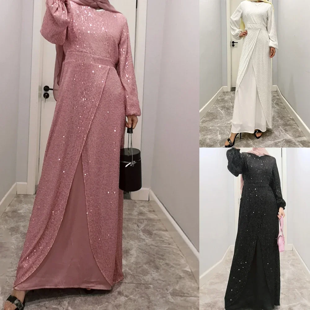 

Elegant Sequins Ramadan Muslim Women Abaya Maxi Dress Turkey Dubai Islam Arab Jalabiya Robe Caftan Party Femme Clothing Vestidos