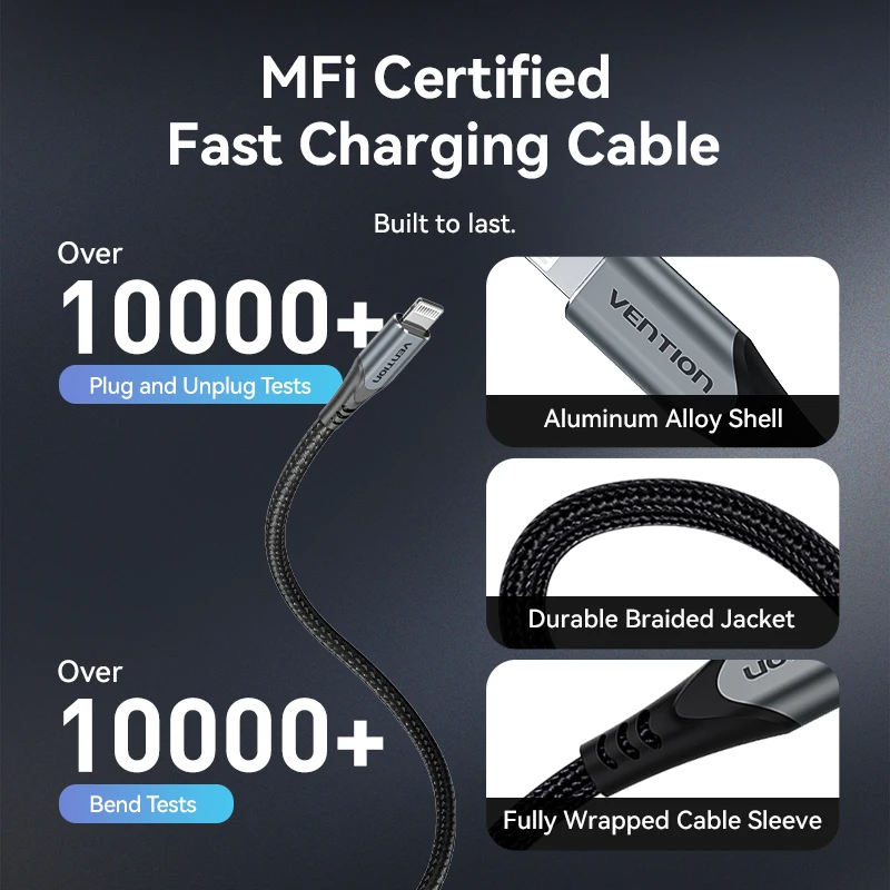 شاحن Vention GaN PD20w السريع مع كابل USB C إلى Lightning 480Mbps 3A Max MFi المعتمد لهاتف iPhone IPad iPod