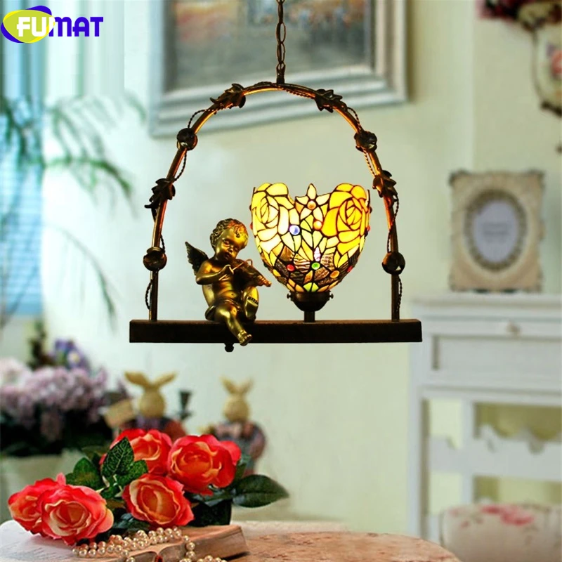 FUMAT Stained Glass Tiffany Pendant Lamp Angel Timbo Swing Dragonfly Jewelry Rose Shape Lamp European LED Hanging Light Fixture