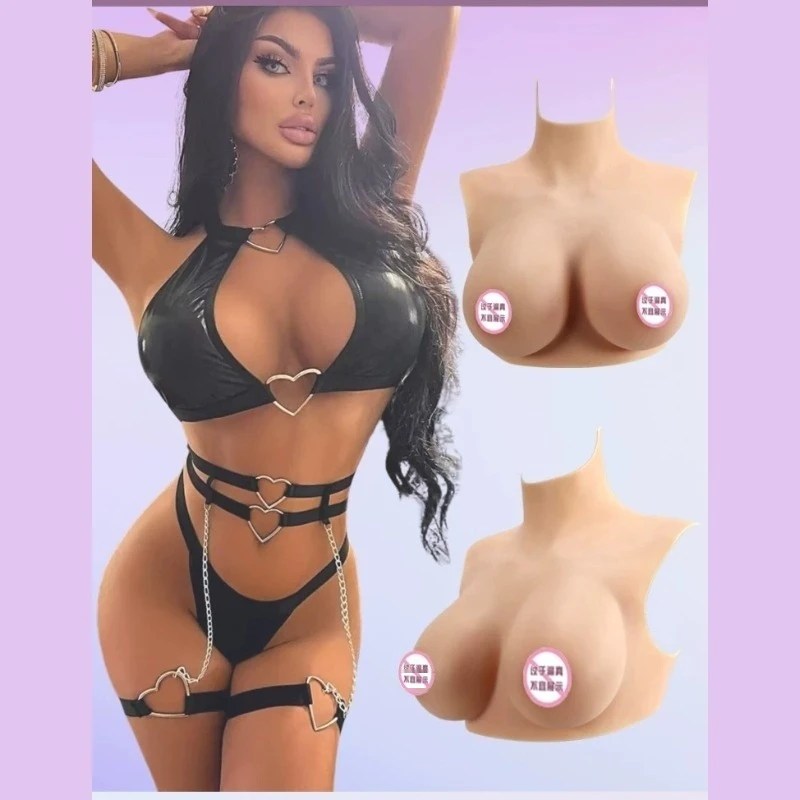 Silicone Breast Prosthesis with High Neck B-H Cup Silicone Fake Chest with Jiggle, Female Costume Drag Queen Prop