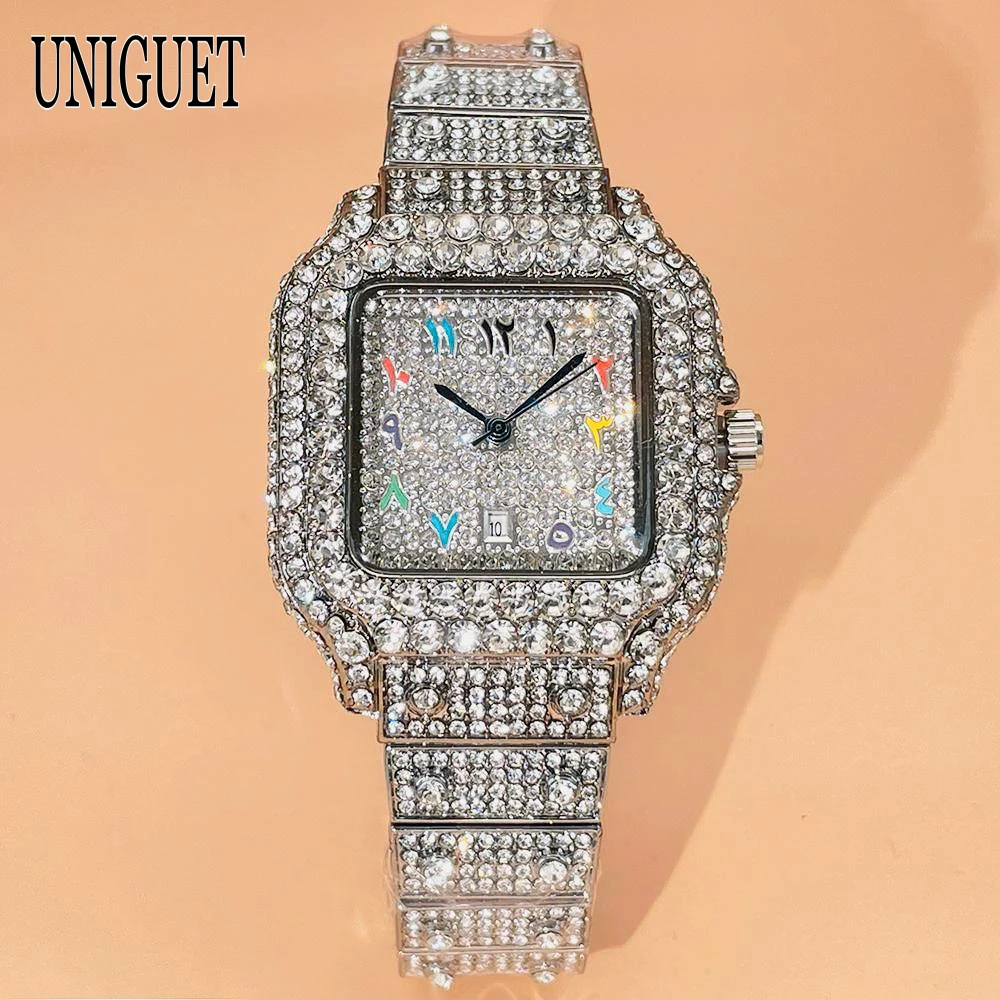 UNIGUET New Women Full Diamond Iced out Watch Fashion Square Rainbow Dial Hip Hop Bling Luxury Quartz Ladies Wristwatch Hot Sale