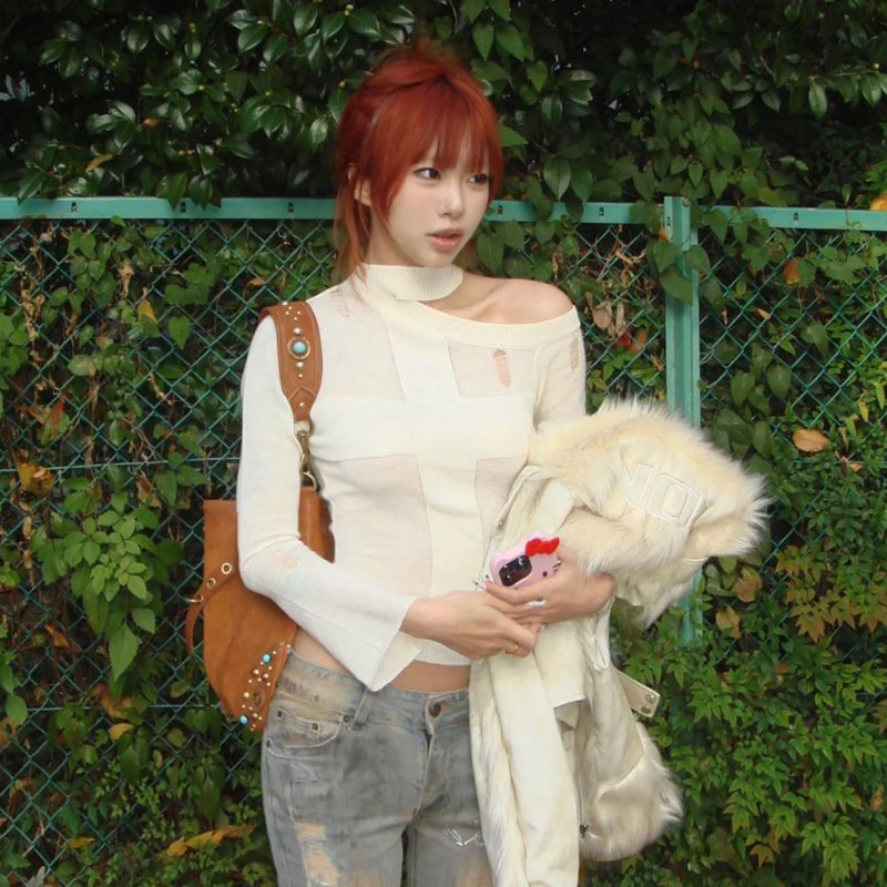 Karrram Japanese Y2k Knitted Tops 2000s Aesthetics Long Sleeve Knit T-shirt Vintage Harajuku Off Shoulder Knitwear Korean Style