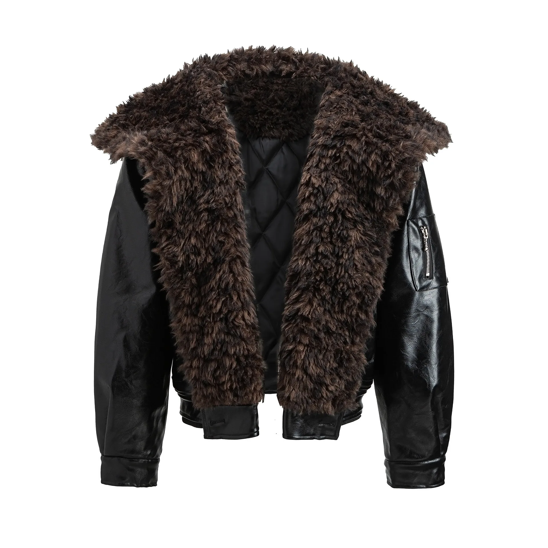 Men Women American Streetwear Fashion Vintage Double Breasted Quilted Warm Thicken Faux Fur Leather Short Parkas Jacket Coat