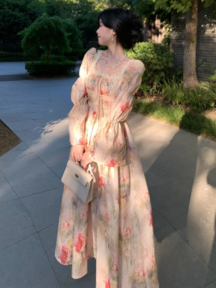 French Printed Floral Midi Long Dress Women Autumn Square Collar Lantern Sleeve Lace-up Midi Vestidos Elegant One Piece Clothing