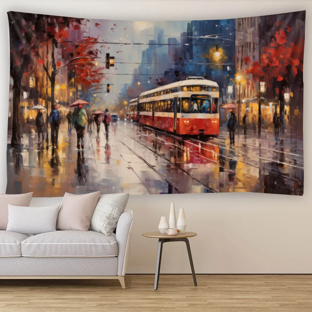 Vintage City Street Acrylic Painting Tapestry Oil Painting Print Home Decor for Living Room Bedroom Fabric Wall Art
