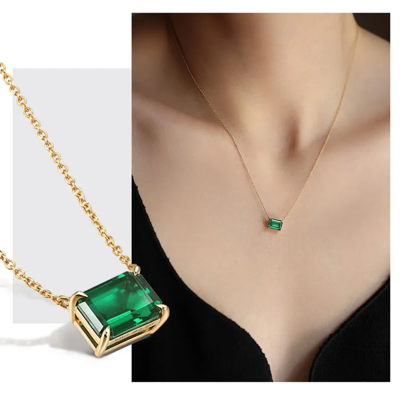 CxsJeremy Real Solid 14K Yellow Gold 1.5 Carats 6*8mm Lab Grown Emerald Necklace Pendant for Women Fashion Wedding Jewelry Gifts