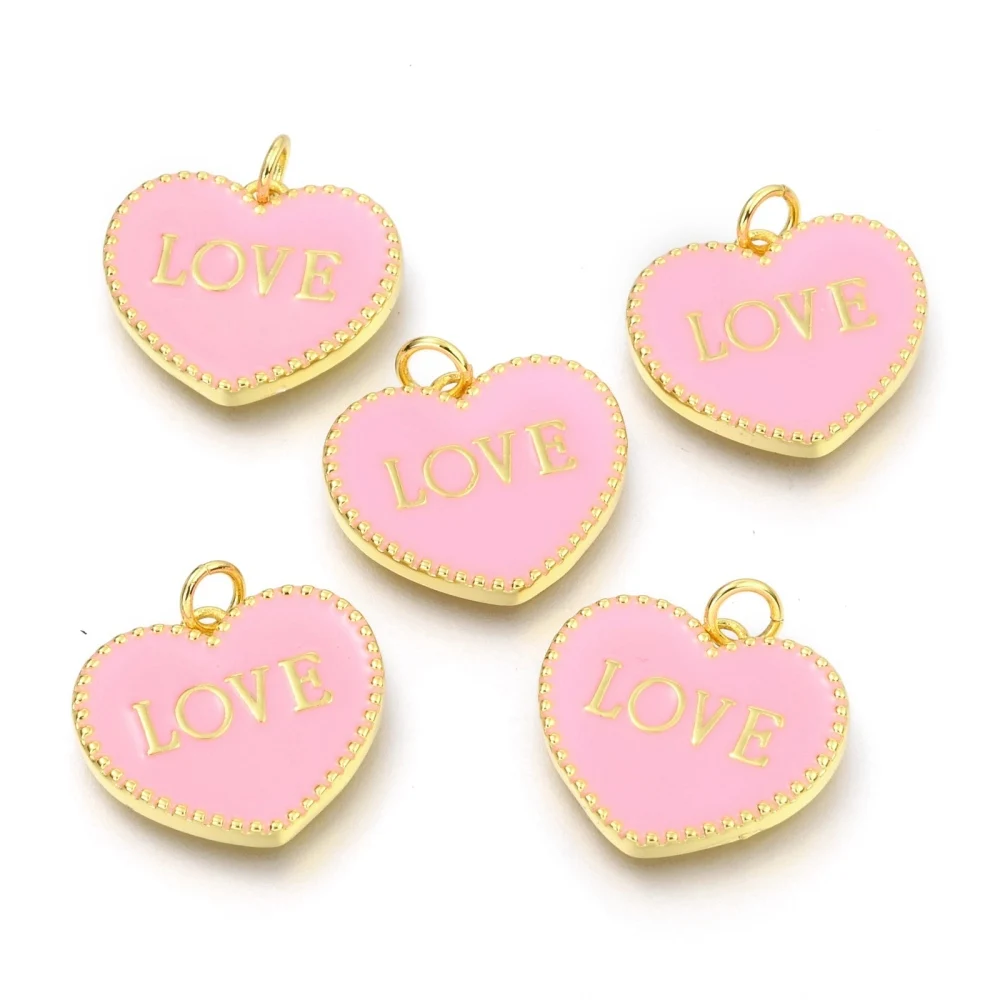 5Pcs Heart with Word LOVE Enamel Pendants Valentine's Day Hang Ornament for DIY Craft Bracelet Earring Nacklace Jewelry Making