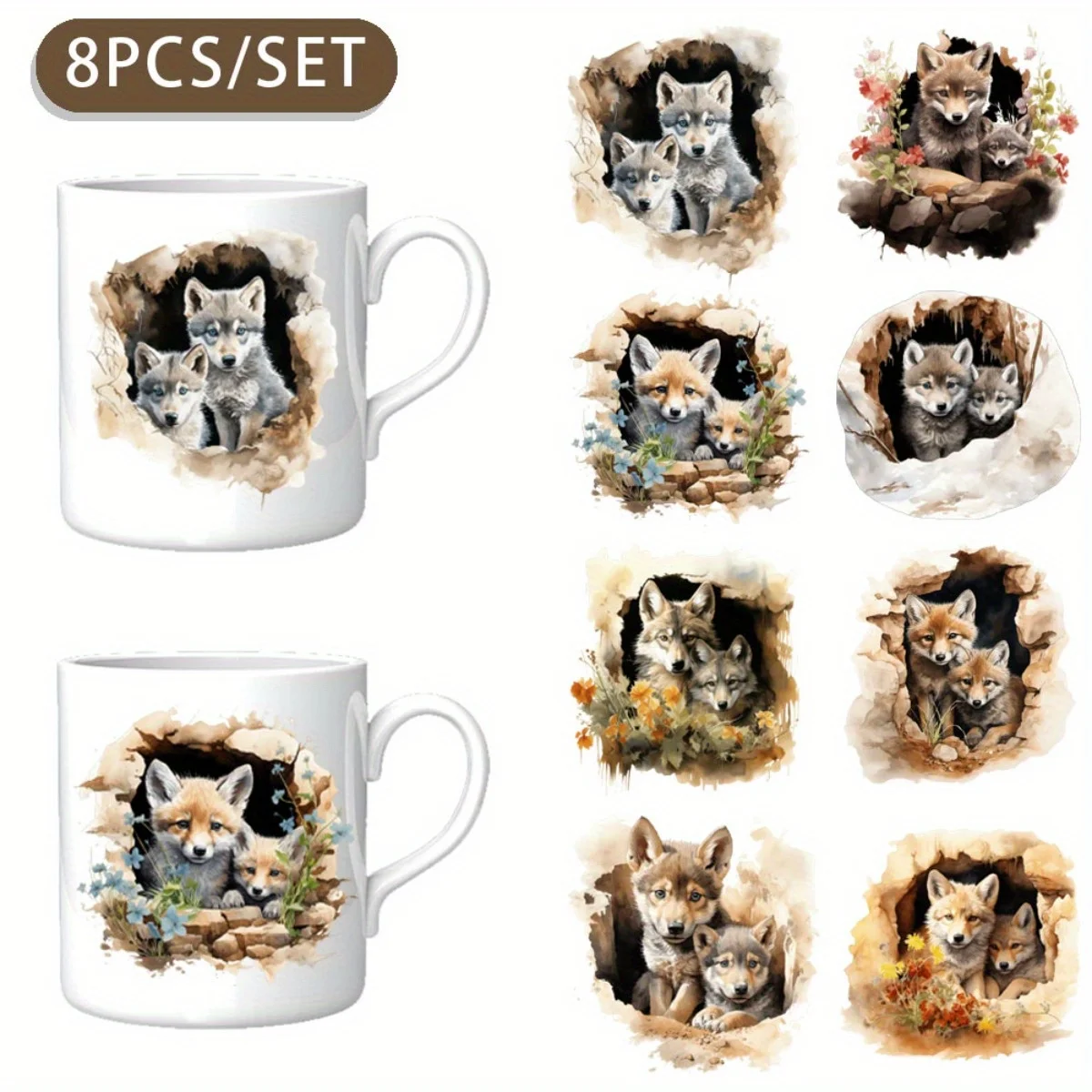 

Набор из 8 штук: Декоративная переводная бумага для стаканов с рисунком волка, акварель, светло-бежевый цвет, для самостоятельного оформления