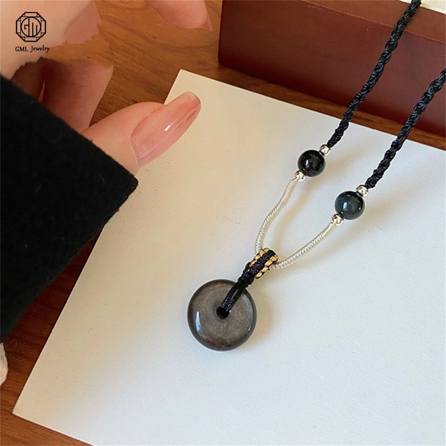 Black Obsidian Necklace Natural Crystal Pendant Adjustable Braided Rope Choker Healing Stone Jewelry for Men Women Couple