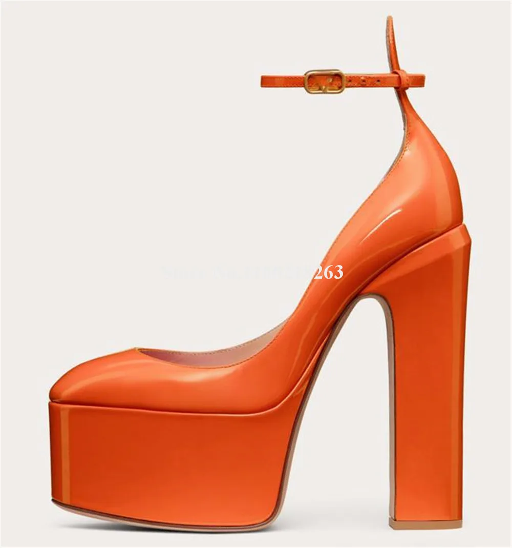 Women Sexy Thick Heel Pumps Orange Pink Wine Red Patent Leather Round Toe High Platform CHunky Heel Ankle Straps High Heels