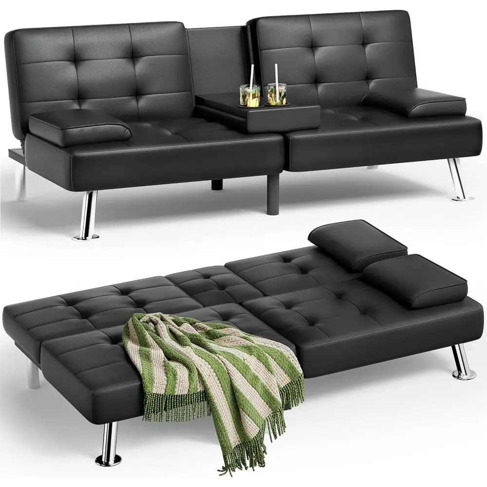 

Black Adjustable Sleeper Sofa Bed with Removable Armrests and 2 Cup Holders for Living Room (PU Leather)