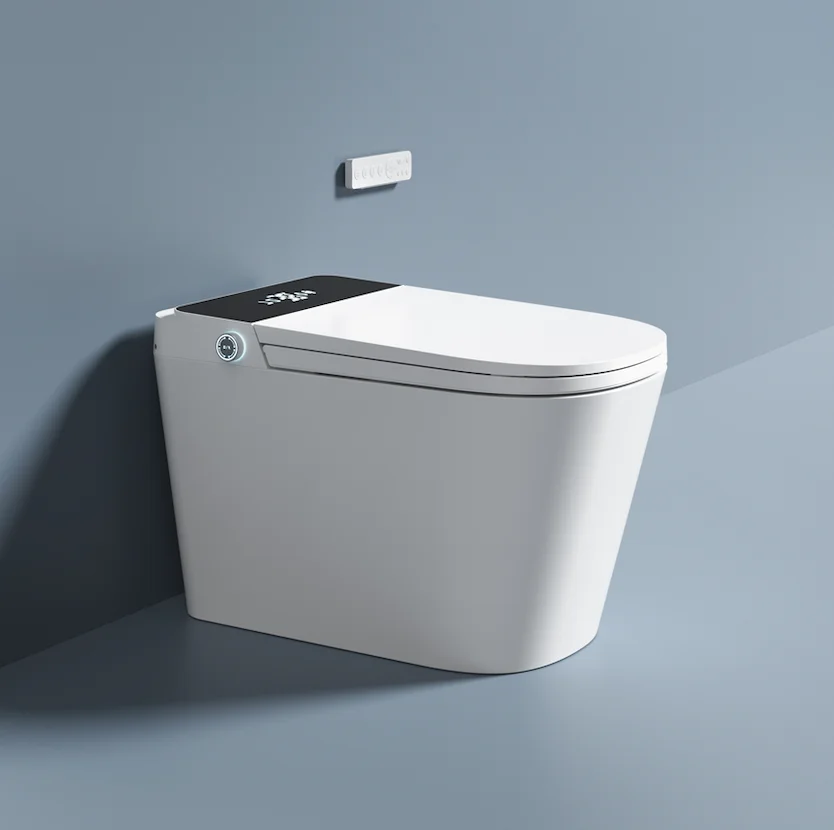 Sensor de pie alargado montado en el suelo, descarga automática, Control remoto, inodoro inteligente sin tanque para Baño