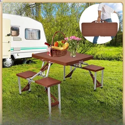 Table et chaise pliantes portables intégrées en plastique grain de bois, camping en plein air, table à manger de voyage